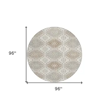 8' Ivory And Brown Round Floral Washable Indoor Outdoor Area Rug