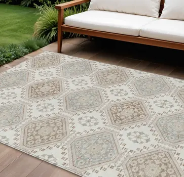 8' X 10' Ivory And Brown Floral Washable Indoor Outdoor Area Rug