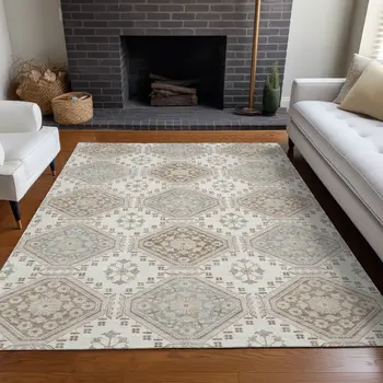8' X 10' Ivory And Brown Floral Washable Indoor Outdoor Area Rug
