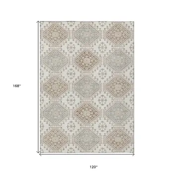 10' X 14' Ivory And Brown Floral Washable Indoor Outdoor Area Rug