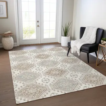 10' X 14' Ivory And Brown Floral Washable Indoor Outdoor Area Rug