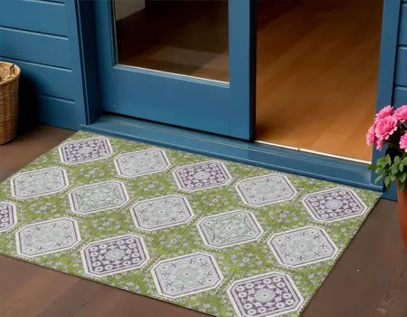 3' X 5' Lime Green And Ivory Floral Washable Indoor Outdoor Area Rug