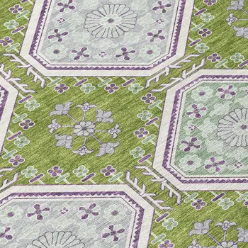3' X 5' Lime Green And Ivory Floral Washable Indoor Outdoor Area Rug