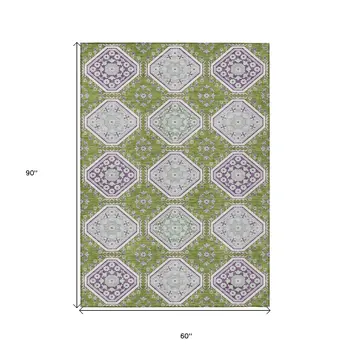 5' X 8' Lime Green And Ivory Floral Washable Indoor Outdoor Area Rug