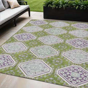 5' X 8' Lime Green And Ivory Floral Washable Indoor Outdoor Area Rug