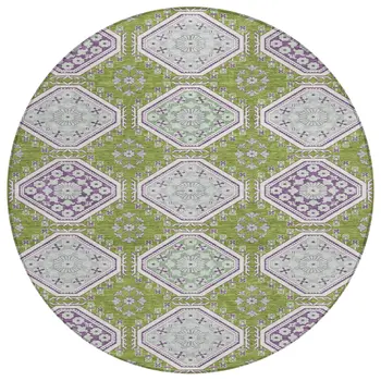 8' Lime Green And Ivory Round Floral Washable Indoor Outdoor Area Rug