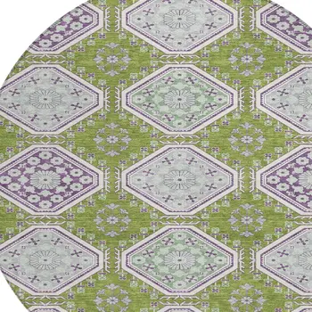 8' Lime Green And Ivory Round Floral Washable Indoor Outdoor Area Rug