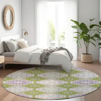 8' Lime Green And Ivory Round Floral Washable Indoor Outdoor Area Rug