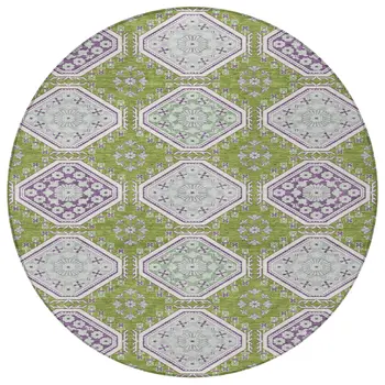 8' Lime Green And Ivory Round Floral Washable Indoor Outdoor Area Rug