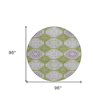 8' Lime Green And Ivory Round Floral Washable Indoor Outdoor Area Rug