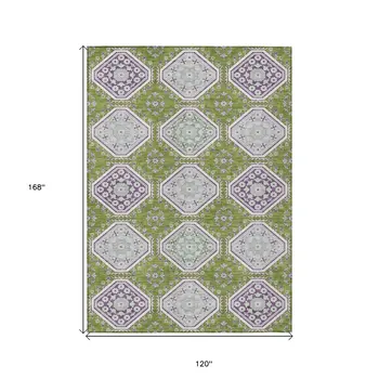 10' X 14' Lime Green And Ivory Floral Washable Indoor Outdoor Area Rug