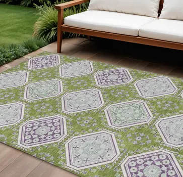 10' X 14' Lime Green And Ivory Floral Washable Indoor Outdoor Area Rug