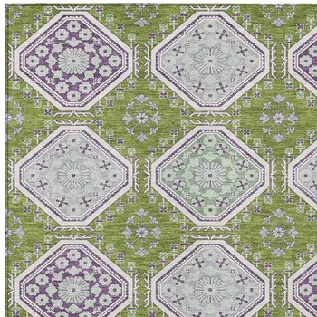 10' X 14' Lime Green And Ivory Floral Washable Indoor Outdoor Area Rug