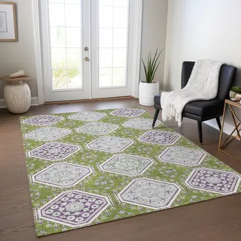10' X 14' Lime Green And Ivory Floral Washable Indoor Outdoor Area Rug