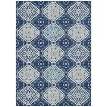 3' X 5' Navy Blue And Teal Blue Floral Washable Indoor Outdoor Area Rug