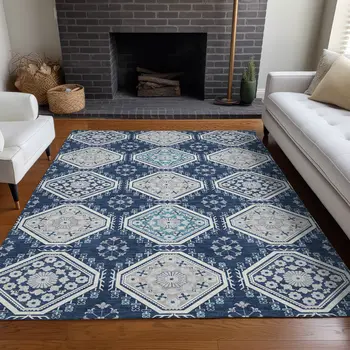 3' X 5' Navy Blue And Teal Blue Floral Washable Indoor Outdoor Area Rug