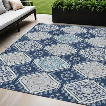 5' X 8' Navy Blue And Teal Blue Floral Washable Indoor Outdoor Area Rug
