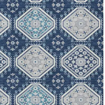 5' X 8' Navy Blue And Teal Blue Floral Washable Indoor Outdoor Area Rug