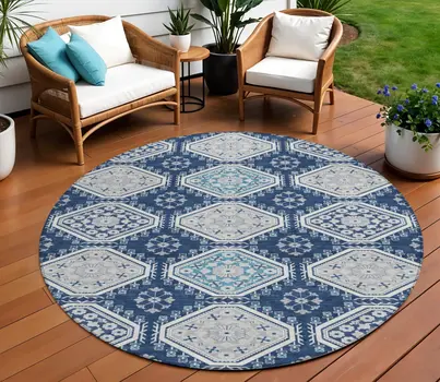 8' Navy Blue And Teal Blue Round Floral Washable Indoor Outdoor Area Rug