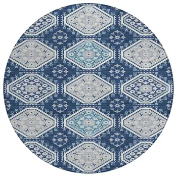 8' Navy Blue And Teal Blue Round Floral Washable Indoor Outdoor Area Rug