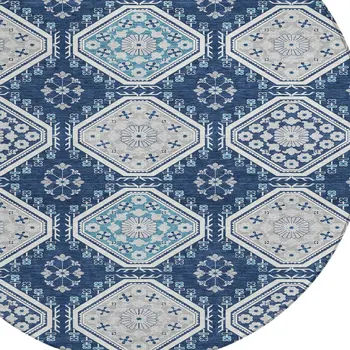 8' Navy Blue And Teal Blue Round Floral Washable Indoor Outdoor Area Rug