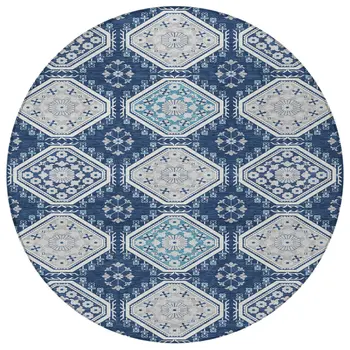8' Navy Blue And Teal Blue Round Floral Washable Indoor Outdoor Area Rug