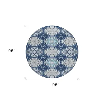 8' Navy Blue And Teal Blue Round Floral Washable Indoor Outdoor Area Rug