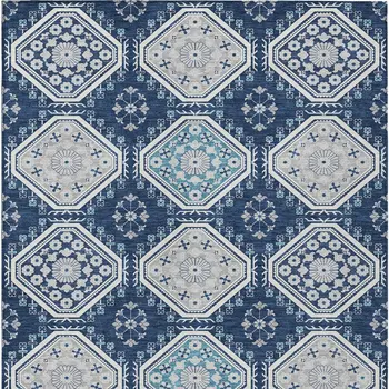 8' X 10' Navy Blue And Teal Blue Floral Washable Indoor Outdoor Area Rug