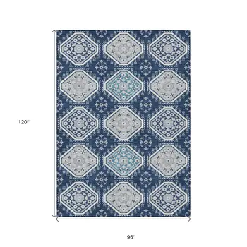 8' X 10' Navy Blue And Teal Blue Floral Washable Indoor Outdoor Area Rug