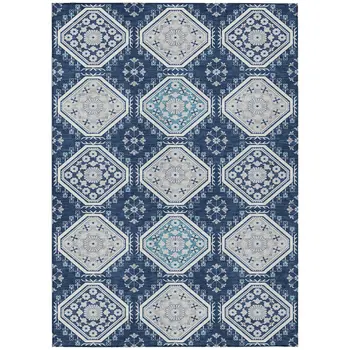 8' X 10' Navy Blue And Teal Blue Floral Washable Indoor Outdoor Area Rug