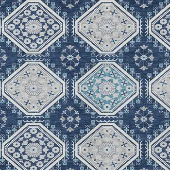8' X 10' Navy Blue And Teal Blue Floral Washable Indoor Outdoor Area Rug