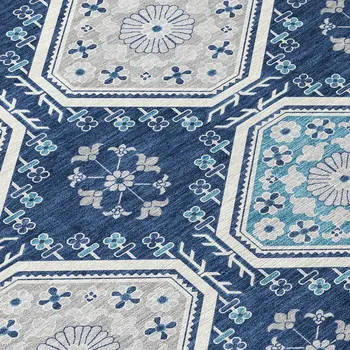 8' X 10' Navy Blue And Teal Blue Floral Washable Indoor Outdoor Area Rug