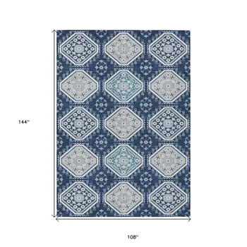 9' X 12' Navy Blue And Teal Blue Floral Washable Indoor Outdoor Area Rug