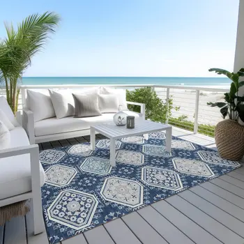 9' X 12' Navy Blue And Teal Blue Floral Washable Indoor Outdoor Area Rug
