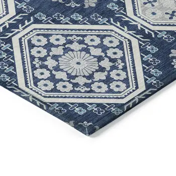 9' X 12' Navy Blue And Teal Blue Floral Washable Indoor Outdoor Area Rug