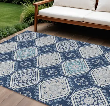 10' X 14' Navy Blue And Teal Blue Floral Washable Indoor Outdoor Area Rug