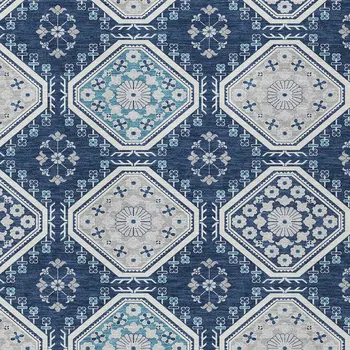 10' X 14' Navy Blue And Teal Blue Floral Washable Indoor Outdoor Area Rug