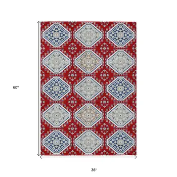 3' X 5' Red And Navy Blue Floral Washable Indoor Outdoor Area Rug