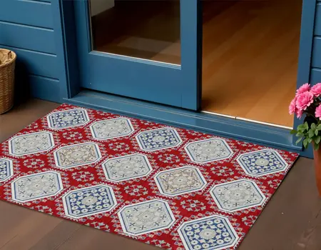 3' X 5' Red And Navy Blue Floral Washable Indoor Outdoor Area Rug
