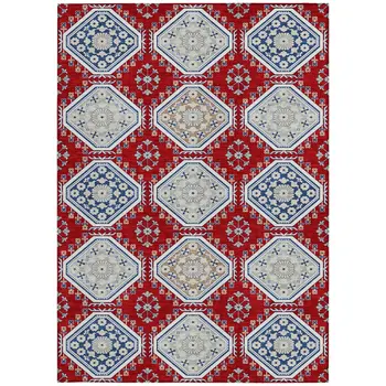 3' X 5' Red And Navy Blue Floral Washable Indoor Outdoor Area Rug