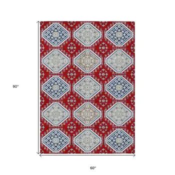 5' X 8' Red And Navy Blue Floral Washable Indoor Outdoor Area Rug
