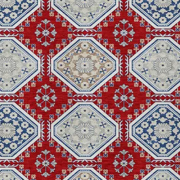 5' X 8' Red And Navy Blue Floral Washable Indoor Outdoor Area Rug