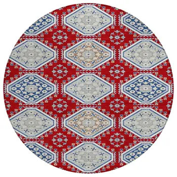8' Red And Navy Blue Round Floral Washable Indoor Outdoor Area Rug