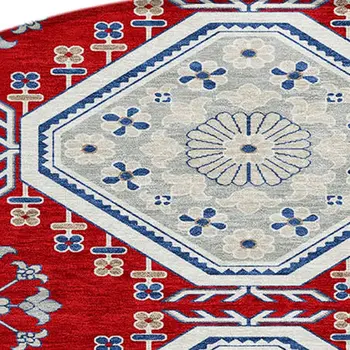 8' Red And Navy Blue Round Floral Washable Indoor Outdoor Area Rug