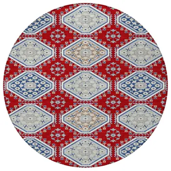 8' Red And Navy Blue Round Floral Washable Indoor Outdoor Area Rug
