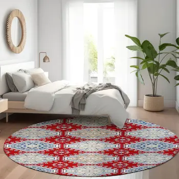 8' Red And Navy Blue Round Floral Washable Indoor Outdoor Area Rug