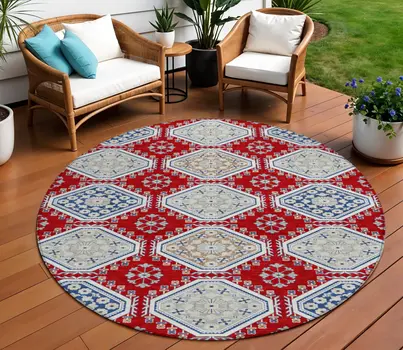 8' Red And Navy Blue Round Floral Washable Indoor Outdoor Area Rug
