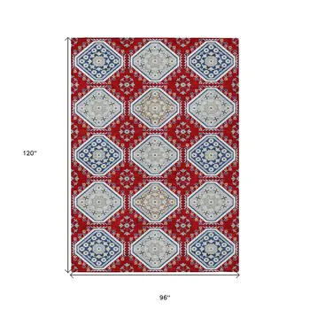 8' X 10' Red And Navy Blue Floral Washable Indoor Outdoor Area Rug