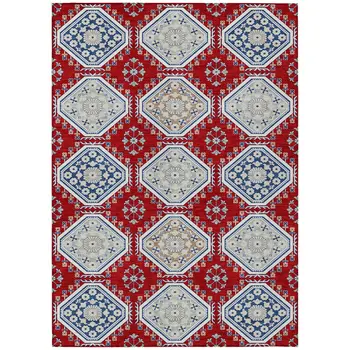 8' X 10' Red And Navy Blue Floral Washable Indoor Outdoor Area Rug