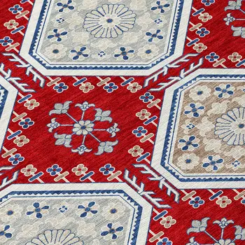 8' X 10' Red And Navy Blue Floral Washable Indoor Outdoor Area Rug